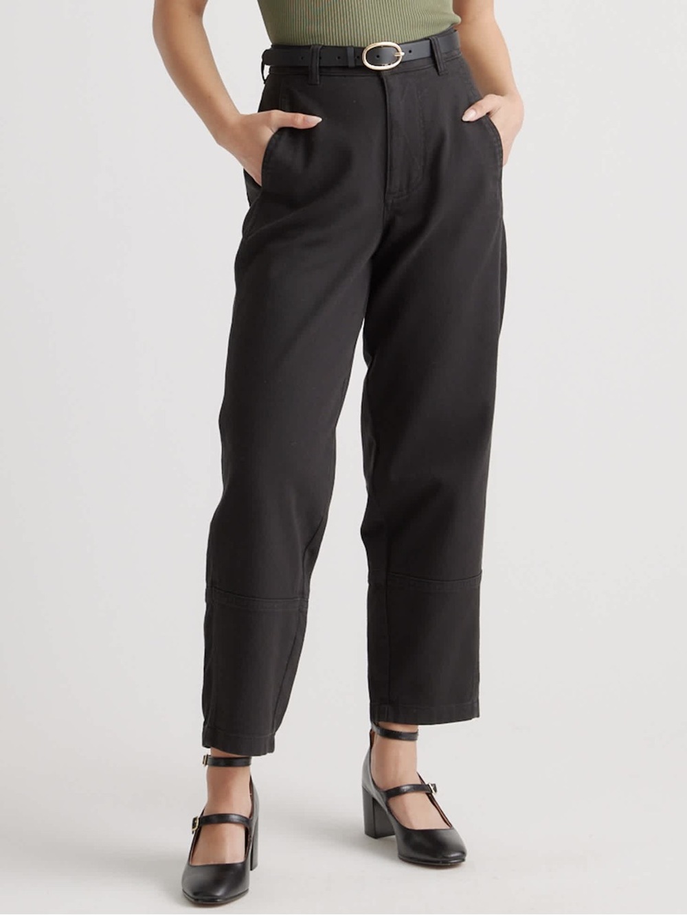 Quince Organic Stretch Cotton Twill Barrel Pants Black High Rise Cropped Sz 14